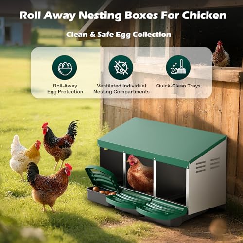 Nesting Boxes for Chickens, Roll Away Nesting Box for Laying Hens, Metal Rollout Chicken Nest Box with Egg Collection Drawer & Protective Lid, Wall Mount Chicken Coop Nest Box, 3 Compartments - color: Green