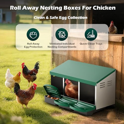 Nesting Boxes for Chickens, Roll Away Nesting Box for Laying Hens, Metal Rollout Chicken Nest Box with Egg Collection Drawer & Protective Lid, Wall Mount Chicken Coop Nest Box, 3 Compartments - color: Green