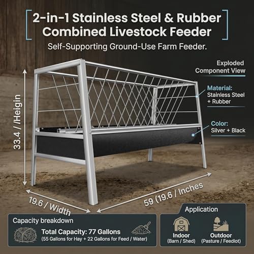 2-in-1 Livestock Feeder, 77 Gallon Capacity, 33.4" Height Cattle and Sheep Hay Feeder with Deeper Pan, Heavy Duty Steel for Cattle and Sheep Farm Sheds