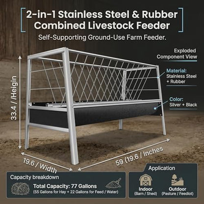77 Gallon Hay Feeder, 2-in-1 Livestock Feeder for Goats Sheep Calves Horses, Stainless Steel Goat Feeder with Rubber Trough