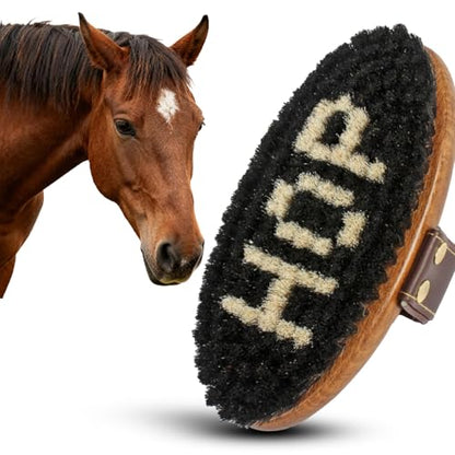 HOP Professional Equine Stiff Body Brush – Heavy Duty Mud & Sweat Remover – Natural Hard Bristles with Ergonomic Wood Handle – Adjustable Leather Strap for Grooming Horses & Livestock