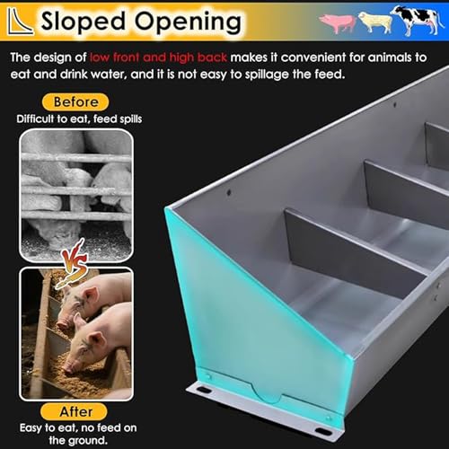 Fengfei Heavy Duty Stainless Steel Hanging Livestock Feed Trough, Sloped Opening for Easy Feeding, Separated Fence Design for Pig Sheep Cattle,59 inch Long with 8 Bit | Sloped Opening for Easy Feeding, Separated Fence Design, For Pig Sheep Cattle - size: