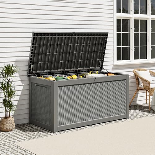 Outdoor Storage Deck Boxes Waterproof, Waterproof and UV Resistant Outdoor Storage Box Lockable Lid for Delivery Box, Indoor, Garden Tools, Pool Supplies, Patio (Grey, 300 Gallon) - color: Rattan Grey, size: 300 Gallon