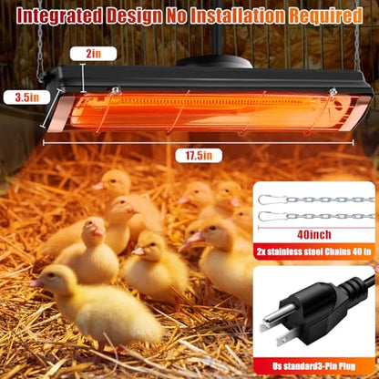 17.5 Inch Extra Long Heat Lamp for Chickens, 300W Carbon Fiber Chicken Coop Heater for Winter, Adjustable Temp & Height Chicken Heat Lamp for Poultry Dog Cat, No Installation & Long-Lasting 10000H