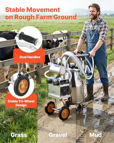 VEVOR Electric Cow Milking Machine, 6.6 Gal / 25 L 304 Stainless Steel Bucket, Food-Grade Teat Cups and Silicone Hose, Strong Suction, Vacuum Pulsation, Electric Milker Machine with Wheels for Cow - size: 25L