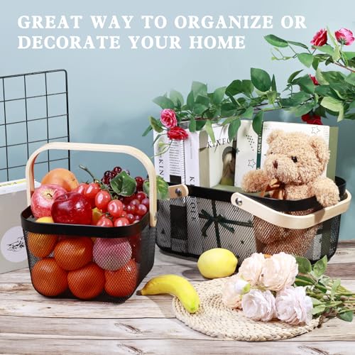 2 Pack Garden Harvest Basket, Metal Mesh Wire Picnic Basket with Handle, Rectangle Garden Baskets for Gathering Vegetables, Fruits, Kitchen, Home Cabinet Closet and Office(Black) - color: Black