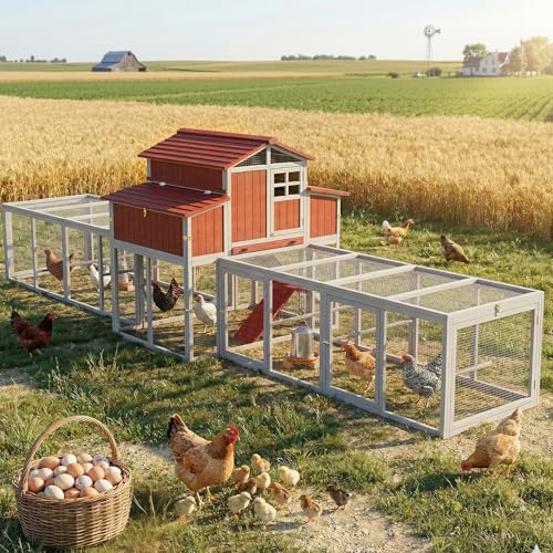 Extra Large Wooden Chicken Coop with Dual Runs for 6–10 Chickens, 2-Tier Elevated Hen House with Nesting Boxes, Expandable Connected Runs, Reinforced Frame, Slide-Out Tray, Red - color: Red