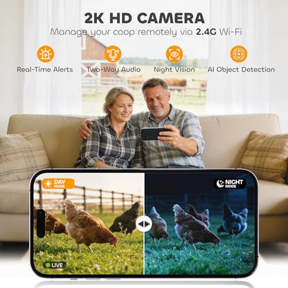 PawHut 2K HD AI Camera Automatic Chicken Coop Door, WiFi Solar Powered Auto Chicken Coop Door Opener with Timer & Light Sensor, APP Remote Control, 5200 mAh Battery, Anti-Pinch & Alarm Driver Function