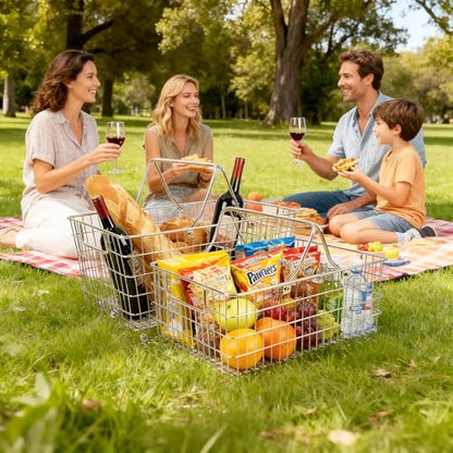 2 Pack Picnic Baskets with Handle, Pantry Organizers and Storage Basket, Stainless Steel Cabinet Organizer, Multi-functional Basket, for Gathering,Closets,Pantry,Garage,Bathroom,Picnic & More (S+L) - size: S+L