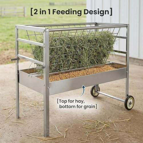 Galvanized Steel Hay Feeder for Goats, 70 Gallon Rolling Feed Trough with Collection Tray, Outdoor Pasture Hay Rack for Sheep and Livestock