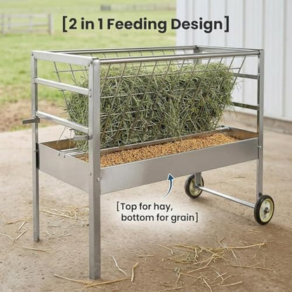 Galvanized Steel Hay Feeder for Goats, 70 Gallon Rolling Feed Trough with Collection Tray, Outdoor Pasture Hay Rack for Sheep and Livestock