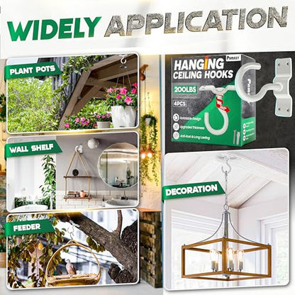 [UPGRADED] 200LBS 4Pcs Rotatable Ceiling Hooks with 4 Screw Points Plate Base, White Wall Mount Metal Hanger for Hanging Plants, Bird Feeders, Lanterns, Lights, Wind Chimes, Indoor Outdoor Decor - style: 4PCS