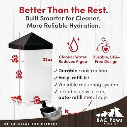 RentACoop No-Drip 32oz Small Animal Drinking Bottle with Auto-Fill Metal Cup for Small Pet/Bunny/Ferret/Hamster/Guinea Pig/Rabbit/Chinchilla/Mouse/Rat. Food Grade Plastic - size: 32 Oz