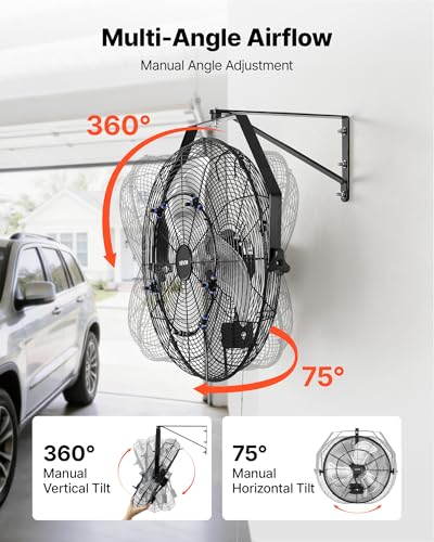 VEVOR Wall Mount Fan, 20 in Wall Mounted Hanging Fan with Mist, IP44-rated Protection, 3-Speed, Long Airflow Distance, Adjustable Rotation Angle, Powerful for Industry, Commercial, Garage, Workshop - size: 20In-Misting