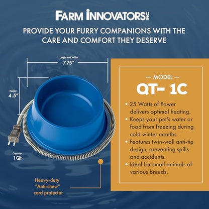 Farm Innovators 1 Quart Plastic Heated Pet Bowl with Anti Chew Cord and 25 Watts of Power for Rabbits, Dogs, Cats, and All Breed Sizes, Blue