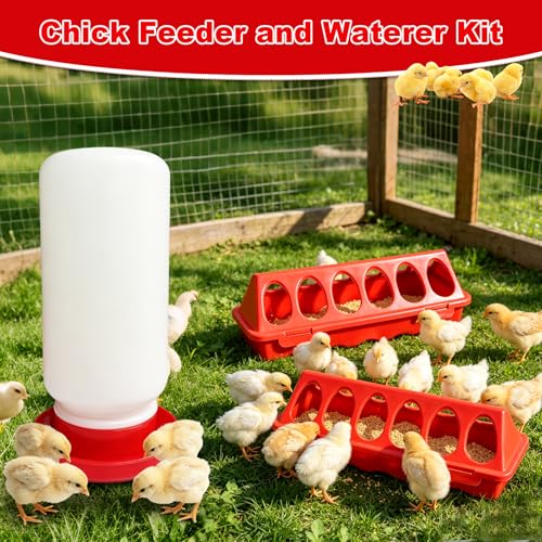 Chick Feeder and Waterer Set, 3 Pack 12-Hole No-Spill Poultry Feeders with 1PCS 1L Automatic Chicken Waterer, Baby Chick Starter Kit for Ducklings, Quail, Small Birds