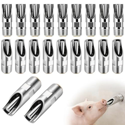 NATGAI 20 Pack Pig Water Nipple, 1/2" NPT Stainless Steel Automatic Pig Nipple Waterer, Heavy Duty Hog & Swine Water Drinker Feeder, Pig Nipple Drinker for Sows, Piglets & Goats Drinking System