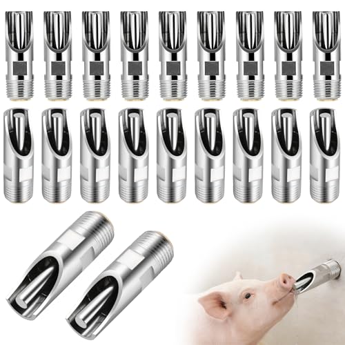 NATGAI 20 Pack Pig Water Nipple, 1/2" NPT Stainless Steel Automatic Pig Nipple Waterer, Heavy Duty Hog & Swine Water Drinker Feeder, Pig Nipple Drinker for Sows, Piglets & Goats Drinking System