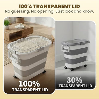 25-35Lbs Rice Container,Collapsible Food Storage Containers with Transparent Airtight Lid,Wheels,Rice Storage Container with Small Bin and Scoop,Rice Dispenser for Flour Sugar Cereal Grain Dog Cat - color: Clear/25-35lbs