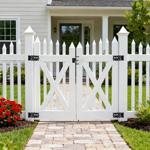 Heavy Duty Self Closing Gate Hinge and Latch Kit for Wooden/Vinyl Fence Gate Rust Proof Gate Hardware Kit 4 Adjustable Self Closing Hinges & 2 Post Mount Self Locking Gate Latch (Black)