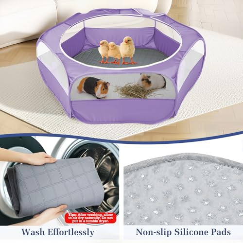 2-in-1 Small Animals Playpen with Pad, Waterproof Small Pet Cage Tent with Reusable Pad, Portable Outdoor Yard Fence with 3 Metal Rod for Chick/Kitten/Puppy/Guinea Pig/Rabbits/Chinchillas, Purple+Gray - color: U-Purple+Gray