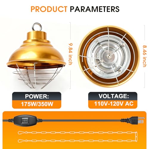 Chicken Heat Lamp,350W Chicken Coop Heater with Carbon Fiber Bulb, Two-Temperature Adjustable and 5.2FT Thickened Power Cord,Winter Hanging Heat Lamp for Chicks,Pets and Poultry
