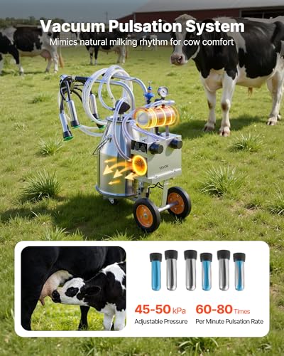 VEVOR Electric Cow Milking Machine, 6.6 Gal / 25 L 304 Stainless Steel Bucket, Food-Grade Teat Cups and Silicone Hose, Strong Suction, Vacuum Pulsation, Electric Milker Machine with Wheels for Cow - size: 25L