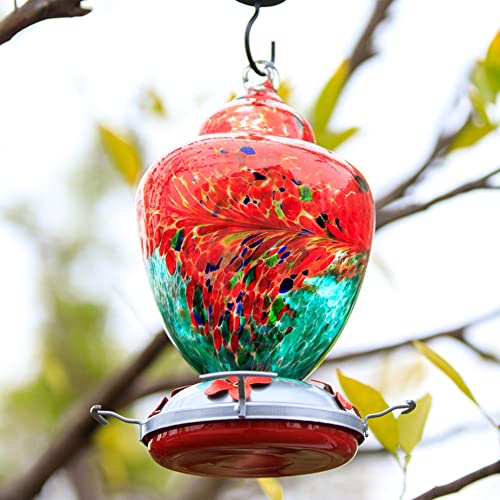 REZIPO Hummingbird Feeder with Perch - Hand Blown Glass - 38 Fluid Ounces Hummingbird Nectar Capacity Include Hanging Wires and Moat Hook (Red-Green) - color: Red-green