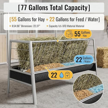 Livestock Feeder, Stainless Steel Goat Feeder for Goats Sheep Horses and Calves, 77 Gallon Hay Feeder with Rubber Trough Livestock Feeder