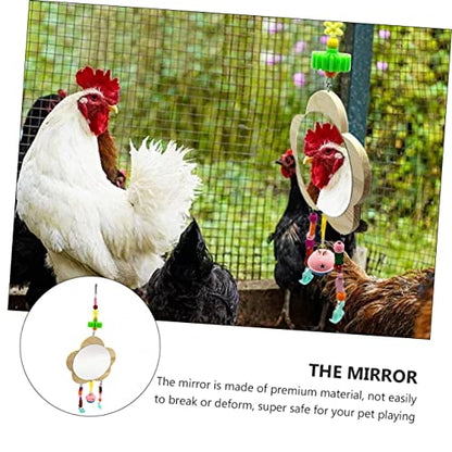 Wooden Hanging Mirror Toy for Chickens Bells Interactive Pet Mirror for Cage Play Reduces Loneliness for Hens and
