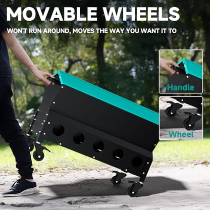 Heavy Duty Chicken Feeder 120 lbs Large Capacity, Metal Automatic Poultry Feeding Box with Waterproof Lid, Raised Standing Feeder with Wheels for Hens & Roosters, Portable & Easy to Move - color: Green
