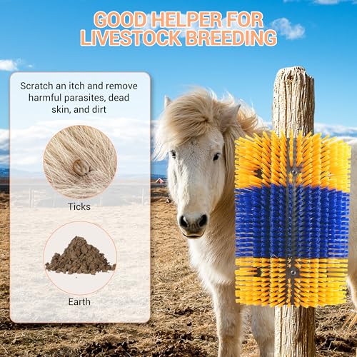 Livestock Scratching Brush 2 Pcs, Heavy Duty Horse Brush with Mounting Screws, Itch Relief & Grooming for Cattle Goat Pig Cow, Farm Animal Back Scratcher, Blue & Yellow - color: Blue yellow 2