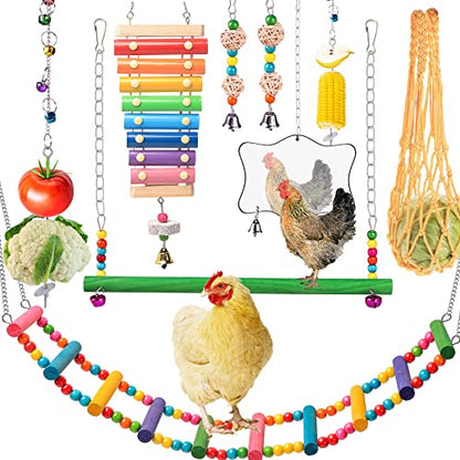 Chicken Toys for Coop 9PCS Set, KAKUNM Chicken Enrichment Toys, Including Xylophone, Swing, Chicken Mirror, Chicken Flexible Ladder, Vegetable String Bag and Hanging Feeder Coop Toy Accessories - color: 9PCS