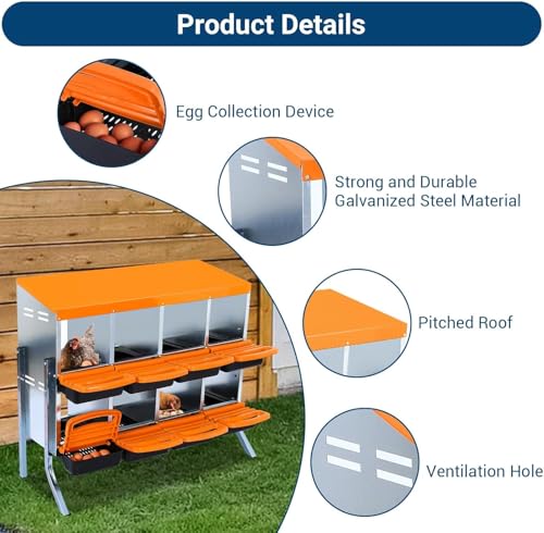 Chicken Nesting Box, 8 Hole 2 Layer Hen Nest Boxes with Legs, Roll-Away Egg Collection System with Ventilation Holes，Rustproof Plastic Tray & Keyhole Mounting, Chicken Laying Box - color: Orange, size: 8 holes with legs