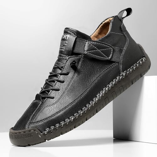 Womens Hand Stitching Leather Slip-On Ankle Boots with Adjustable Elastic Band Casual Lightweight Non-Slip Walking Loafers Retro High Top Flat Boat Shoes - color: Black, size: 5 Wide