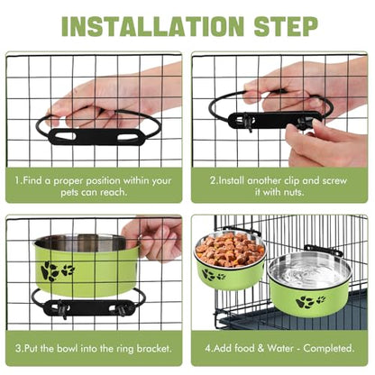 Dog Crate Water Bowl, ShineMe 54oz & 34oz Stainless Steel No Spill Crate Food and Water Bowl, Kennel Bowls Mountable for Medium and Large Dogs, Cats and Pets, Set of 2, Green (7.1x2.9” & 6.2x2.6”) - color: Green, size: L (54oz+34oz)