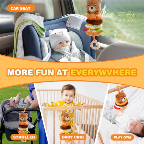 Jollybaby Baby Musical Pull String Hanging Toys for Stroller Car Seat Crib Play Gym, Plush Stuffed Hamburg Bear Toy for Carseat with Music Teether Crinkle, Sensory Toy for 0-6-12-18 Months Baby Gifts - style: Bear