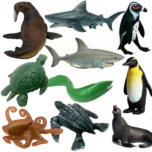 10Pcs Sea Animal Action Figures Toy for Kids, Great for Kids Stocking Stuffer, Bath Toys, Beach Toys, Cake Topper and Party Favors, Gifts, Prizes, Rewards - color: Sealifes