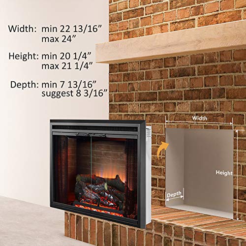 PuraFlame Klaus Electric Fireplace Insert with Fire Crackling Sound Glass Door and Mesh Screen, 750/1500W, Black, 22 13/16 Wide, 20 1/16 Inches High, 22 13/16 W X 20 1/16 H X 7 51/64 D - size: 23" without Trim