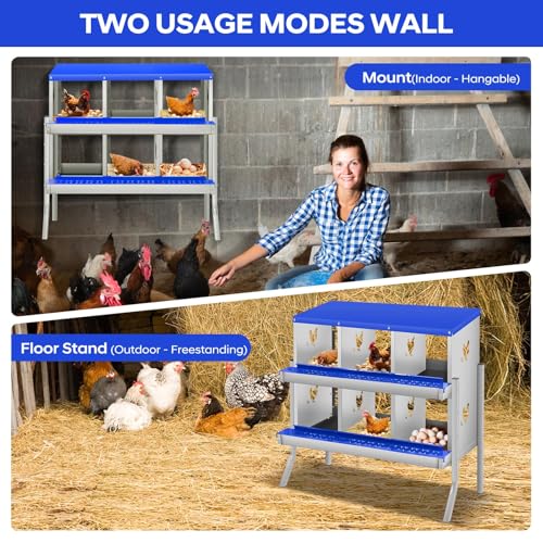 Removable Tray & Two-Tier Build - Chicken Nesting Box for Small Animals - 6 Compartments, Roll Away Metal Egg Laying Box, Large Vented Holes, Wall Mount or with Legs, Easy Clean - Blue, 84.5cm - color: Blue | 6 Compartments+legs
