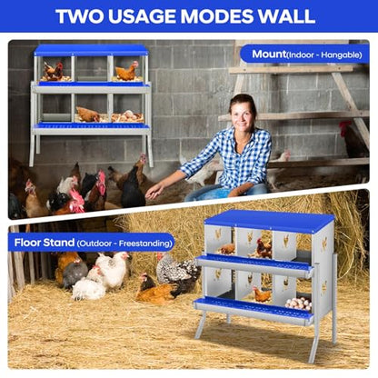 Garvee Chicken Nesting Box, 6 Compartments Nesting Box for Chickens, Galvanized Steel Chicken Laying Box for Easy Egg Collection, Wall Mounting - color: Blue | 6 Compartments+legs