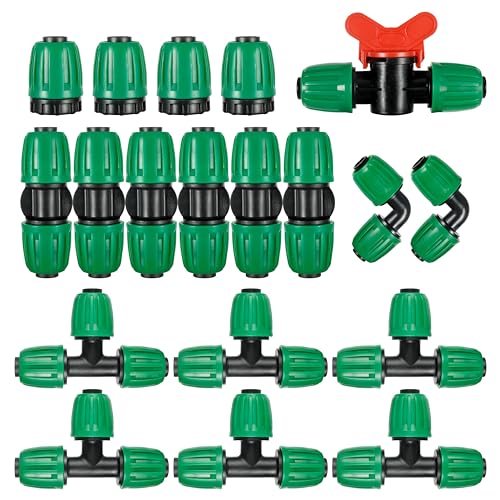 19 Pcs 1/2 Inch Drip Irrigation Fittings Kit (1/2" ID x0.6-0.63" OD) 1/2" Irrigation Tubing Connectors Barbed Locked Nuts Connectors Including 6 Tees, 6 Couplings, 4 Ends 2 Elbows,1 Switch Valves - size: 1/2 inch Fittings Kit