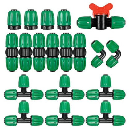 19 Pcs 1/2 Inch Drip Irrigation Fittings Kit (1/2" ID x0.6-0.63" OD) 1/2" Irrigation Tubing Connectors Barbed Locked Nuts Connectors Including 6 Tees, 6 Couplings, 4 Ends 2 Elbows,1 Switch Valves - size: 1/2 inch Fittings Kit