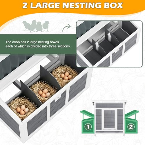 Chicken Coop, Large Wooden Chicken House with Waterproof Roof & Pull-Out Tray, Outdoor Chicken Hutch with 6 Nesting Boxes, Duck Coop Hen House for 4-6 Chicken, Grey - color: Grey