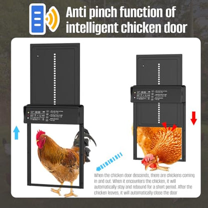 Automatic Chicken Coop Door Solar Powered, Third-Generation Upgraded, Aluminum Alloy | Light Sensor & Timer | Anti-Pinch | LCD Dsipiay | Remote Control | Low Battery Reminder | Alarm Mode