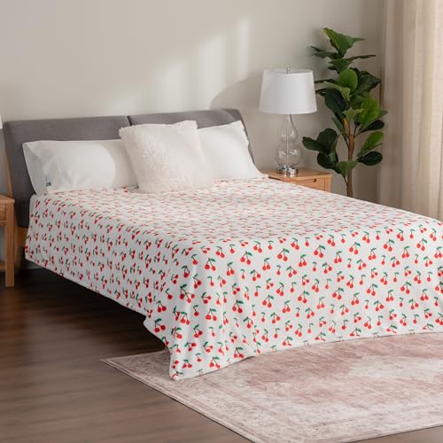 Berkshire Blanket-Classic Heavyweight Warm Soft Printed VelvetLoft® Plush Blanket, King Size Soft Fuzzy Blanket for Couch Sofa Bed, Cherries Toss White, 90in x 108in - color: Cherries Toss White, size: King/Cal King