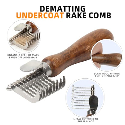 Dog Dematting Comb with Wooden Handle Stainless Steel Safety Blades Dog Dematting Fur Rake Brush Pet Grooming Tool for Long Haired Dogs&Cats Remove Loose Hair Undercoat Mats Knots Tangles