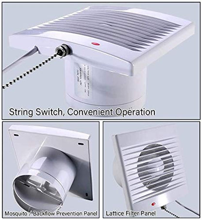 6 Inch Wall-Mounted Exhaust Fan, 18W Ventilation Extractor with Anti-backflow Check Valve Chain Switch for Window Duct Glass Grow Tent Bathroom Vents - 8"×8" Grid Panel - Small Size - size: Φ6 Inch with Rope Switch