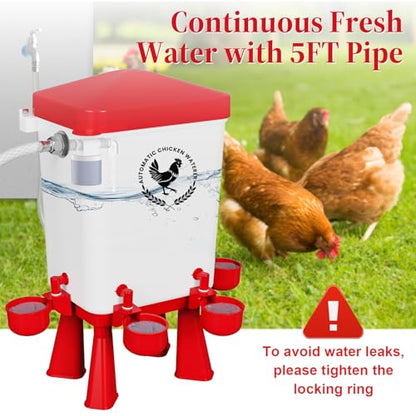 Chicken Waterer, 3 Gallons Automatic Chicken Waterers with 5ft Pipe, Float Controlled Automatic Poultry Water Feeder, 5 Chicken Waterer Cups (Red, 3 Gallons) - color: Red