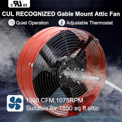 Criditpid 15" Gable Mount Vent Attic Fan, Exhaust Ventilation Fan with Adjustable Thermostat for Gable, Home, Shed, Garage, Portable Building, 3.4A, 1300CFM, 1075RPM, 1850 Sq.Ft Coverage Area, Red. - color: 1300CFM